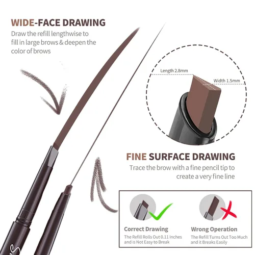 Vista 6 de 12 piezas de lápices de cejas negros impermeables para mujeres, lápiz de cejas retráctil de doble punta con cepillo, diseño de punta triangular, más