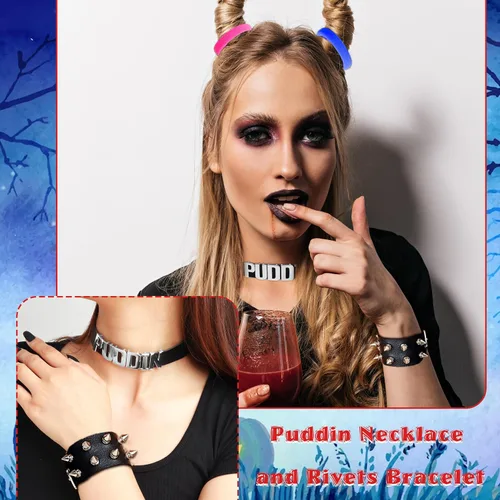 Vista 2 de YANCHUN Gargantilla Puddin para mujer, pulsera de cuero con pinchos, accesorios de disfraz de Halloween