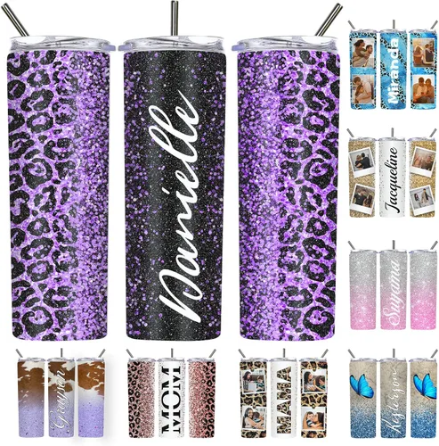 Vista 14 de Vaso delgado personalizado con purpurina con tapas y popotes, nombres, vasos de acero inoxidable personalizados con imagen para mujeres, hombres
