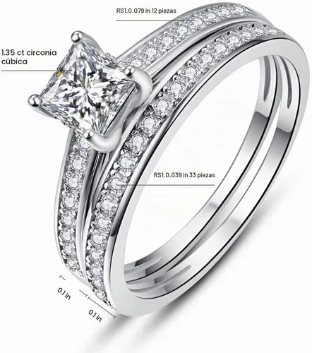 Vista 5 de AVECON Anillo de compromiso de corte princesa de 1.35 quilates de plata de ley 925 para mujer, juego de anillos de boda de circonita cúbica, tallas