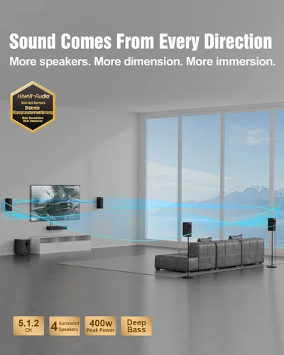 Vista 3 de Barra de sonido de 5.1.2 canales para Smart TV, 4 altavoces envolventes, sistema de sonido envolvente virtual con cable, potencia máxima de 400 W
