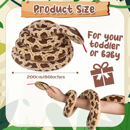 Vista 3 de Hozzi Boa Constrictor gigante de peluche grande de serpiente de peluche realista de 78.7 in / 80 pulgadas, regalos realistas para niños, fiesta