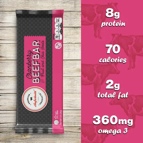 Vista 3 de Aufschnitt Barras de res de arándano con frutas reales y semillas de chía Certificado Glatt Kosher Sin gluten, sin nitritos, 6