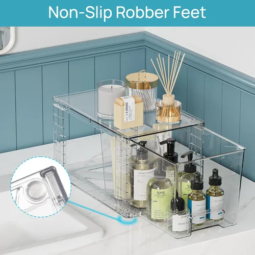 Vista 7 de Vtopmart Paquete de 3 cajones de almacenamiento apilables transparentes, organizadores de baño fáciles de montar y almacenamiento con asas, cajones
