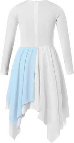 Vista 2 de JEATHA Vestido tipo túnica asimétrica de alabanza metálica brillante de manga larga para niños y niñas, disfraz de baile contemporáneo lírico
