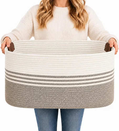 Vista 9 de DOFASAYI Cesta de lavandería grande de 72 litros con asas de cuero, cesta de almacenamiento decorativa para mantas, cesta de ropa para sala