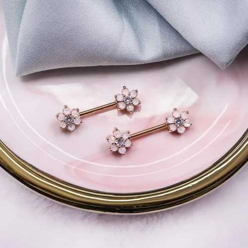 Vista 5 de CHARM ONLINE Piercing para pezón con flor de ópalo de 14 G para mujer