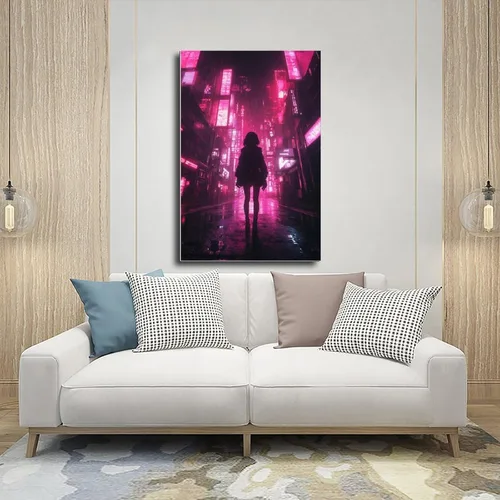 Vista 5 de Arte de pared retro de anime Vaporwave - Impresión de paisaje urbano de neón - Póster Cyberpunk Noir para dormitorio o estudio, decoración de pared