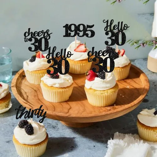 Vista 6 de 24 decoraciones negras para cupcakes de 30 cumpleaños con purpurina Hello 30, decoración de cupcakes Cheers to 30 desde 1995, treinta selecciones