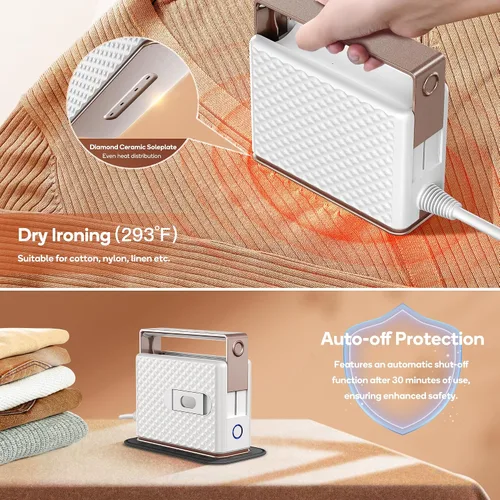 Vista 6 de Newbealer Plancha de vapor de viaje para ropa, vaporizador de mano de voltaje global de 100-240 V, planchado en seco a 293 ℉, suela de cerámica