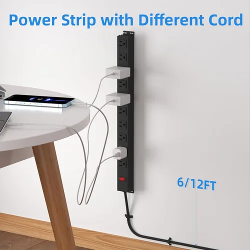 Vista 4 de Tira de alimentación de 10 tomas de 6 pies de largo, cable de extensión resistente para montaje en pared, enchufe de metal para cocina, oficina