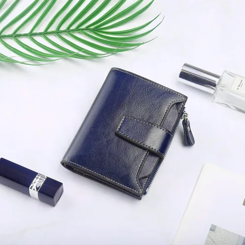Vista 6 de Lavemi Pequeña cartera compacta para mujer, con bloqueo RFID, de piel auténtica, plegable, con ventanas de identificación