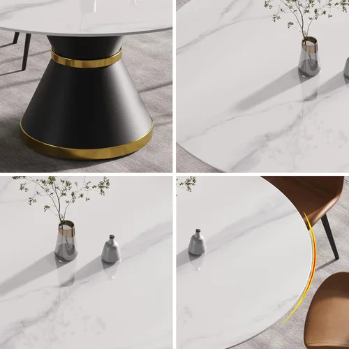 Vista 6 de Mesa de comedor moderna de 53 pulgadas, mesa de comedor de piedra sinterizada con base de acero al carbono negro, mesa de comedor redonda de 53