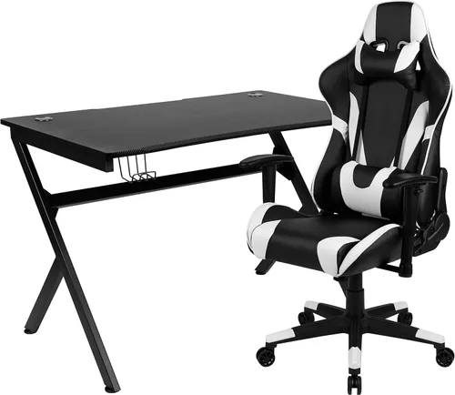 Vista 16 de Flash Furniture Juego de escritorio para juegos negro y silla de carreras blanco/negro con soporte para tazas, gancho para auriculares y soporte