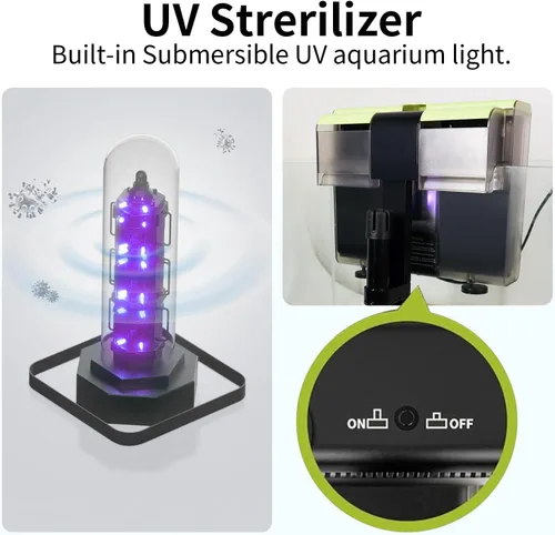 Vista 3 de Filtro de acuario 4 en 1 doble cascada U-V para agua verde y limpieza de algas, filtro silencioso de 8 W para colgar en el filtro de flujo ajustable
