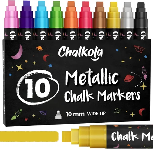 Vista 11 de Chalkola Marcadores de Tiza Metálicos de Punta Extra Fina (Paquete de 10, Punta de 1mm) - Rotuladores de Tiza Líquida para Pizarra, Pizarra Negra