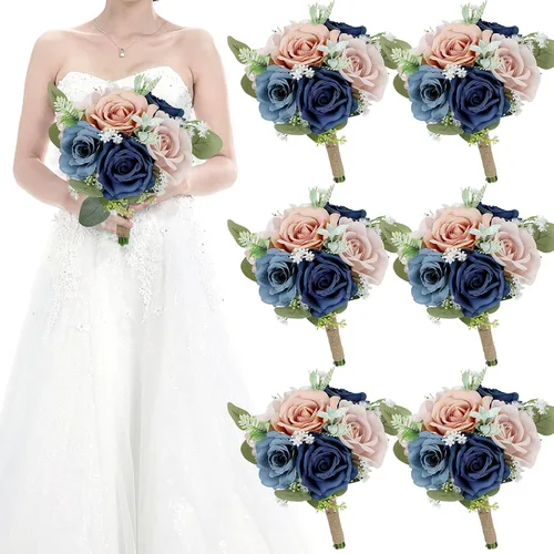 Vista 23 de Ramos de novia bohemios para boda, ramos de 9 pulgadas de flores artificiales para decoraciones de centro de mesa de ceremonia y aniversario, rosas