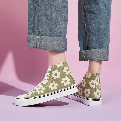 Vista 6 de kufeiti Zapatillas de lona altas para mujer, zapatos de lona con cordones blancos y negros, zapatos casuales para caminar
