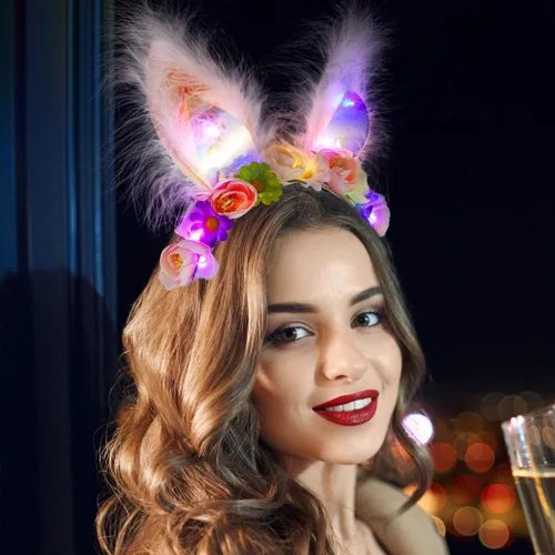 Vista 3 de Yean Diadema con orejas de conejo iluminadas, diadema de hada, diseño floral de bosque, orejas de conejo, disfraz de plumas, tocado de fiesta