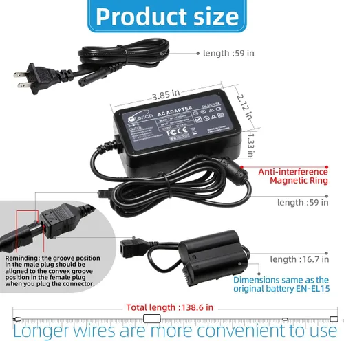 Vista 5 de Glorich EP-5B Acoplador DC EN-EL15 EN-EL15a Batería ficticia EH-5 Adaptador de fuente de alimentación de CA Conector de alimentación para Nikon 1 V1