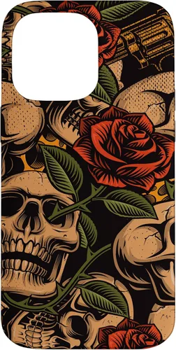 Vista 21 de Funda con diseño de tatuajes de flash tradicional para iPhone 17 con diseño retro rojo de rosas de calavera