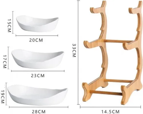 Vista 3 de YYW Cesta de frutas de cerámica de 3 niveles para almacenar frutas y verduras con soporte de frutas de porcelana de madera de bambú para encimera