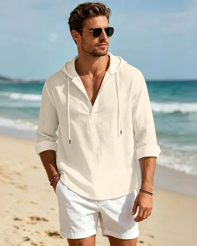 Vista 5 de Sudaderas con capucha de lino y algodón para hombre, estilo casual, manga larga, con botones, ligeras, informales, hawaianas, para la playa