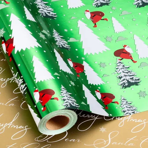Vista 14 de Homeral Rollo de papel de regalo de Navidad de dinosaurio para niños, dinosaurio negro fresco con decoraciones y letras rojas, envoltura de regalo