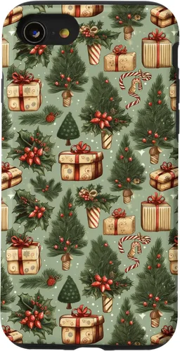 Vista 18 de Vintage Christmas Theme Holiday Trees, Presents, Teal, Bows Case for iPhone 17