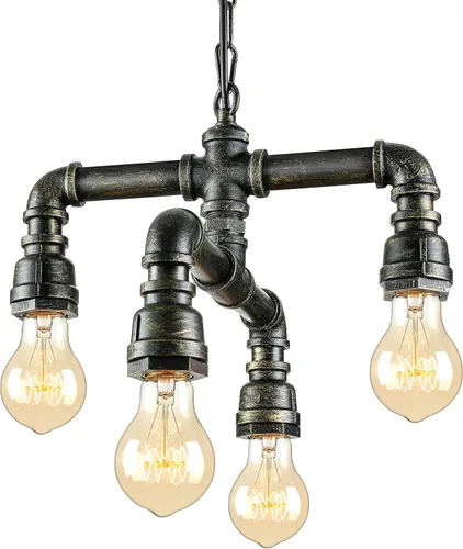 Vista 6 de Industrial Vintage Bare Edison Bulbos Tubos de Agua Colgante Lámpara Lámpara Rústica Colgante Luminaria con 4 Enchufes de Bombilla 160W Acabado 4