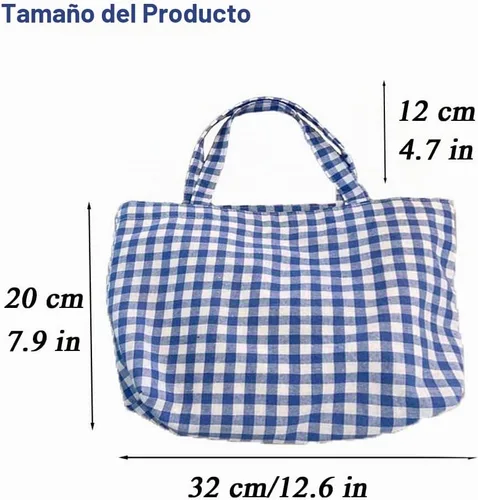Vista 4 de Joyhey 1 bolsa de lona pequeña a cuadros, bolsa de compras para comestibles, bolsa de playa de 7.9 x 12.6 pulgadas Azul