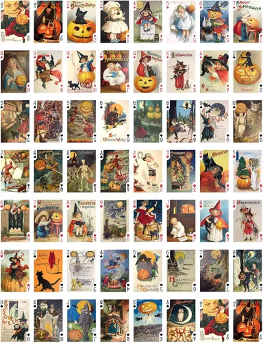Vista 3 de Cartas de Halloween (baraja de póquer 55 cartas todas diferentes) Reimpresión de tarjetas de Halloween vintage