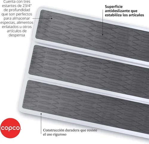 Vista 3 de Copco Organizador de especias antideslizante de 3 niveles para armario de cocina o despensa, estante escalonado de 15 pulgadas, blanco/gris, diseño