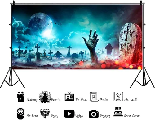Vista 7 de Telón de fondo de Halloween para fotografía de cementerio de Halloween de 20 x 10 pies, telón de fondo de lápida de calavera aterradora, calabaza