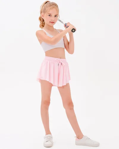 Vista 6 de Stelle Pantalones cortos fluidos con bolsillos para niñas, falda atlética para correr, cintura alta, mariposa, 2 en 1, pantalones cortos deportivos