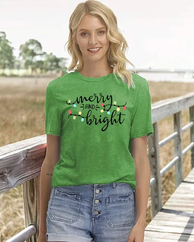 Vista 2 de Christmas Shirt Merry and Bright Christmas Lights T-Shirts Women Xmas Lights Graphic Shirts Merry Christmas Holiday Top
