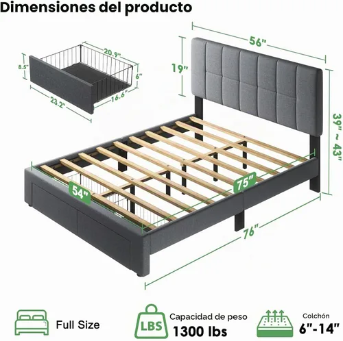 Vista 2 de Marsail Base de cama tapizada de tamaño matrimonial con 2 cajones de almacenamiento, cabecera ajustable, se adapta a colchones de 6 a 12 pulgadas