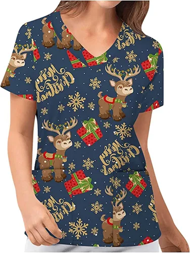 Vista 4 de Camisetas médicas de Feliz Navidad para mujer, camisas médicas de hospital, cuello en V, manga corta, uniformes de trabajo impresos
