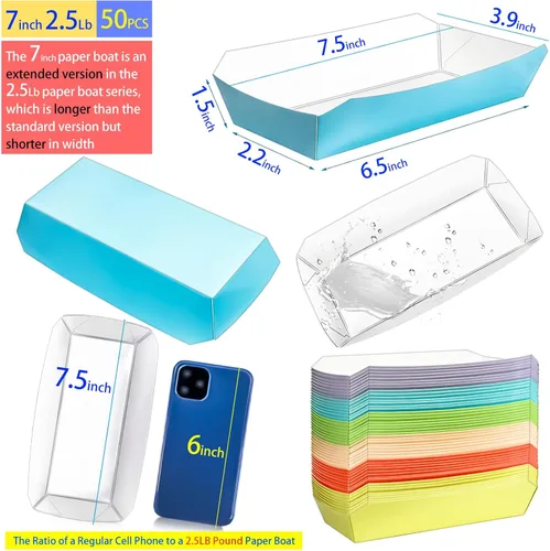 Vista 2 de Bandejas de papel desechables de 7 pulgadas, 2.5 libras, recipientes de papel desechable para perros calientes, bandeja colorida de papel kraft