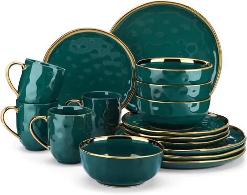 Vista 10 de LOVECASA Juego de 12 piezas de platos y cuencos, vajilla de porcelana negra y dorada, platos de cena redondos, juego de vajilla para 4 personas