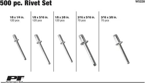 Vista 2 de Performance Tool W5228 Juego de herramientas surtidas de remaches de aluminio en una caja de plástico resellable, (500 piezas)