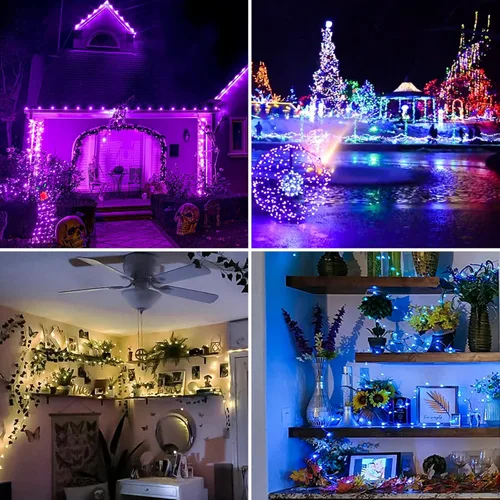 Vista 3 de Guirnalda de luces LED a pilas, 39 pies, 120 luces LED que cambian de color con control remoto, funciona con pilas, alambre de cobre impermeable