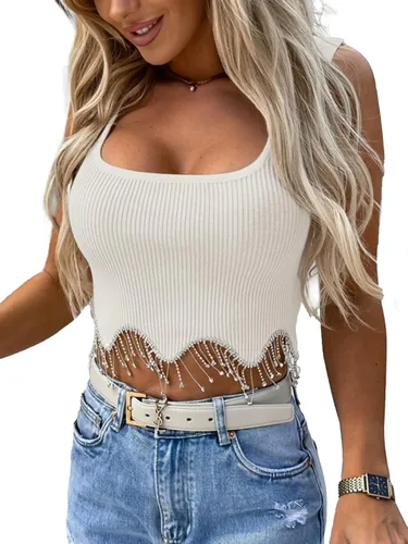Vista 3 de LYANER Camiseta sin mangas con flecos de diamantes de imitación para mujer, cuello cuadrado, sin mangas
