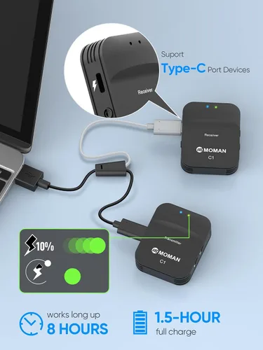 Vista 5 de Moman Micrófono de solapa inalámbrico, sistema de micrófono de solapa inalámbrico compacto de 2.4 GHz con transmisión de cancelación de ruido