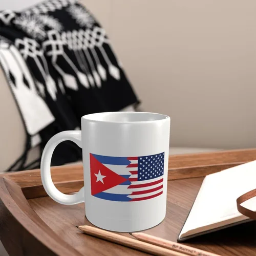 Vista 4 de Rqwaaed Taza de cerámica con estilo de bandera americana y cubana, tazas de oficina, taza de cerámica ecológica con impresión individual, taza