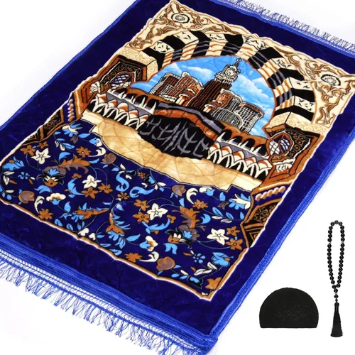 Vista 9 de Alfombra de oración musulmana con cuentas de oración Tasbih y sombrero de kufi, acolchada muy gruesa, alfombra de oración para hombres y mujeres