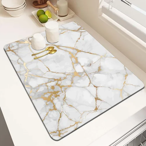 Vista 13 de MCALK Tapete de secado de platos negro mármol para encimera de cocina, almohadilla de secado de platos dorada con base de goma antideslizante