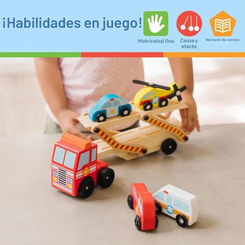 Vista 5 de Melissa & Doug Emergency Vehicle Carrier camión de madera con 4 vehículos de rescate 5 Pieces, 2-Level Vehicle Carrier Truck, Wooden Rescue