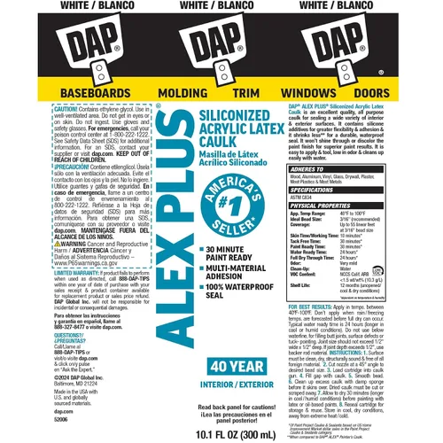 Vista 9 de DAP Alex Plus Masilla de Látex Acrílico, Blanco, 10.1 Oz, Paquete de 12 (7079818152)