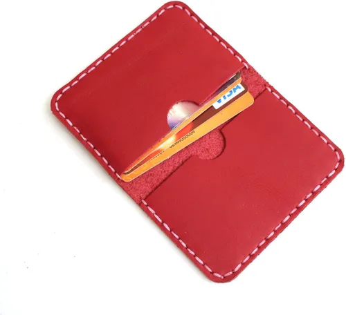 Vista 6 de Cartera de cuero genuino tarjetero MinimalistFolding Card Case Bolsillo frontal Paquete de tarjetas de artesanía rojo